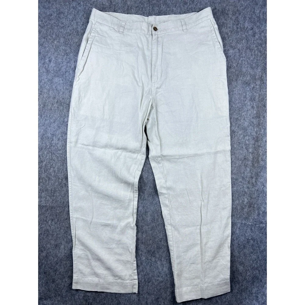 Jos A Bank Men's Travelers Pants 100% Linen Straight Leg Tan Khaki Size 38x30